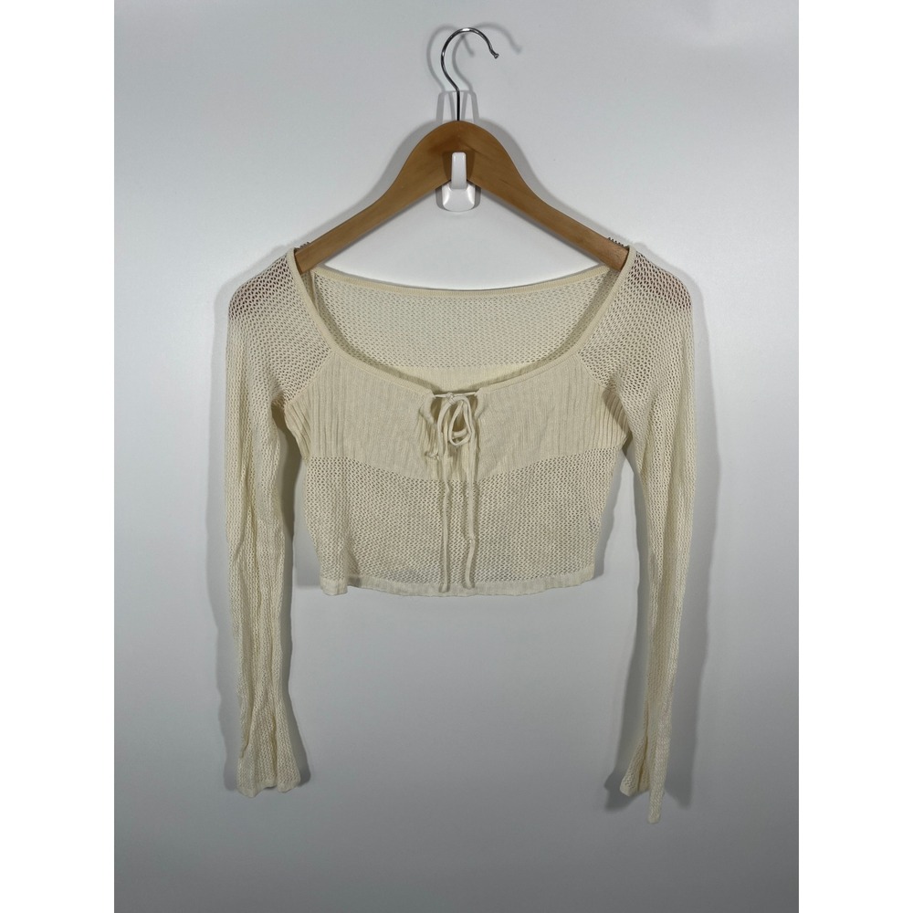 Y2K Womens Babydoll Knit Top S Cream Flare Sleeve Boho Forest Fairy Goblincore